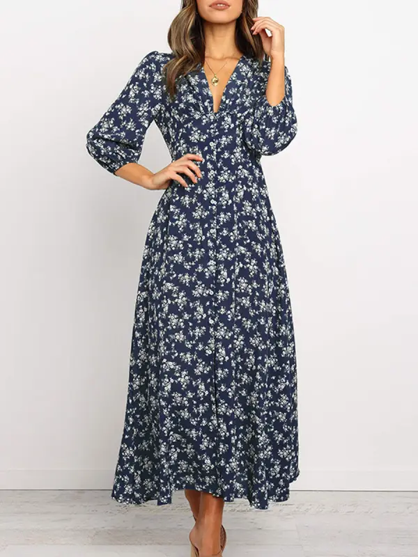 Printed V-neck long sleeve high waist chiffon midi dress - Charmwish.chimpone.com 