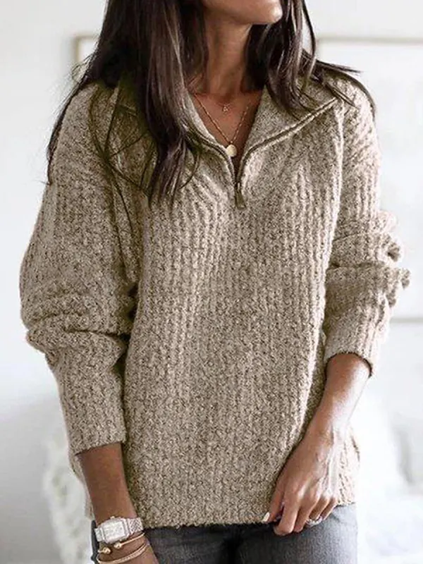 Women Casual Zipper Sweater V Neck Plus Size Long Sleeve Pullover - Charmwish.chimpone.com 