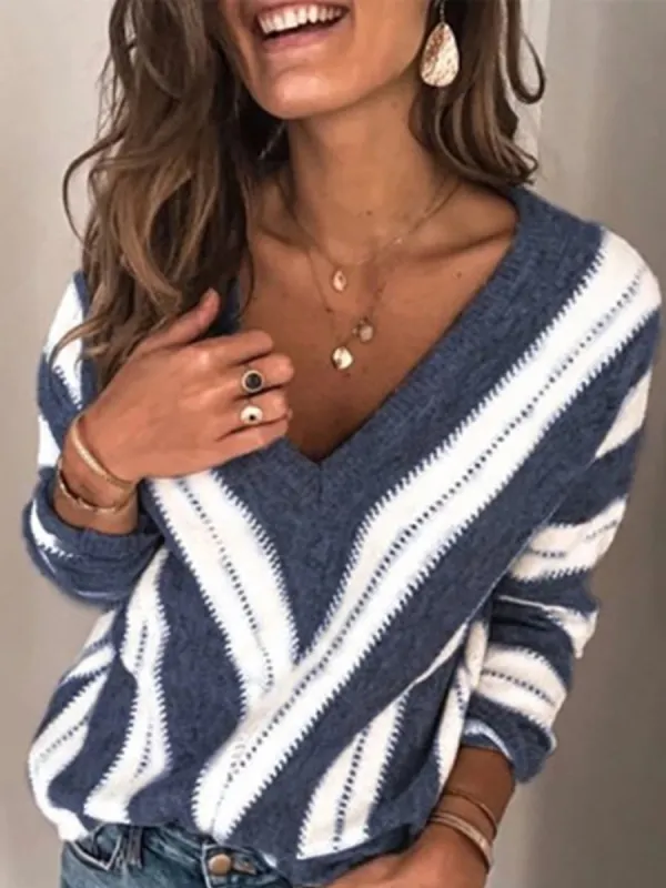 Women's Casual Deep V-Neck Long Sleeve Long Sleeve Loose Sweater - Charmwish.chimpone.com 
