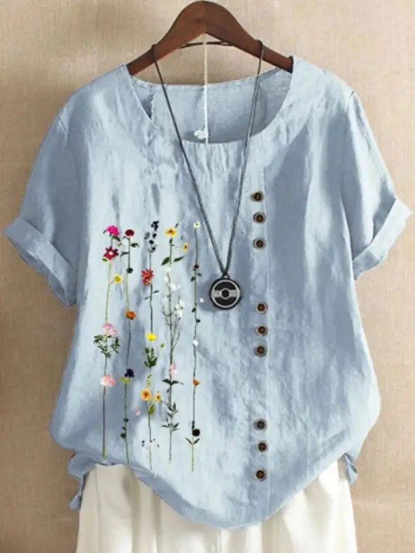 Retro Cotton And Linen Printed Short-Sleeved Blouse - Charmwish.chimpone.com 