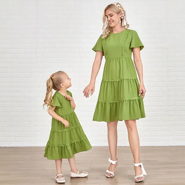 Sweet Green Lace Round Neck Short Sleeves Mom Girl Matching Dress Only $35.17 - Lukalula.com 