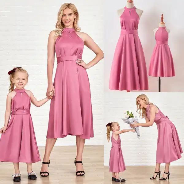 Elegant Pink Halter Mom Girl Matching Dress - Lukalula.com 