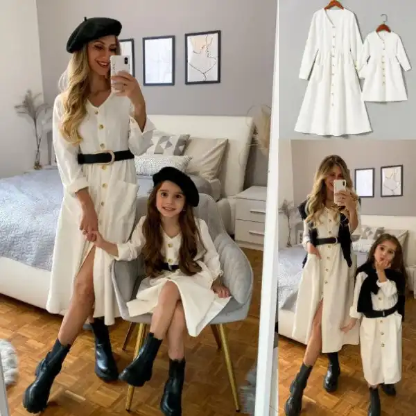 Sweet White Long Sleeve Mom Girl Matching Dress Only $40.56 - Lukalula.com 