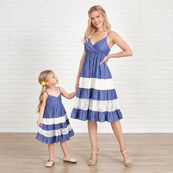 Sweet Blue Stripes Stitching Lace Mom Girl Matching Dress Only $19.51 - Lukalula.com 