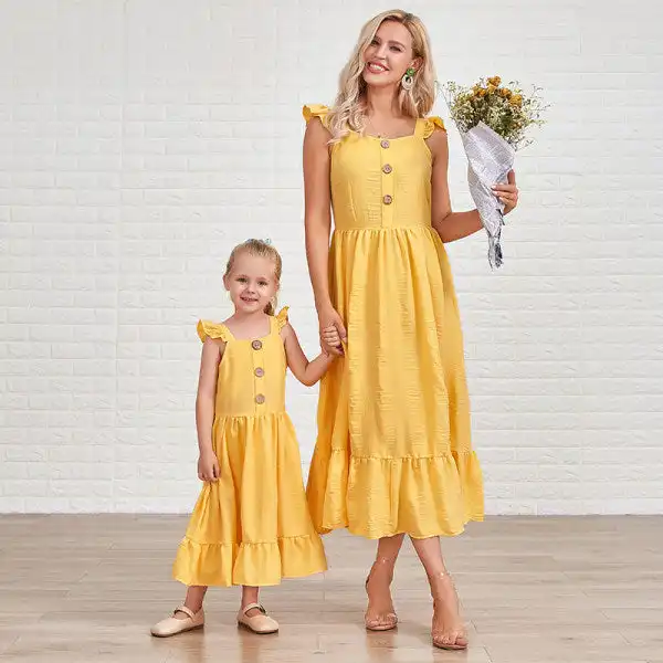 Sweet Yellow Ruffled Mom Girl Matching Dress Only $38.51 - Lukalula.com 