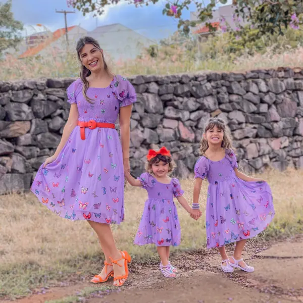 Sweet Purple Butterfly Print Mom Girl Matching Dress - Lukalula.com 
