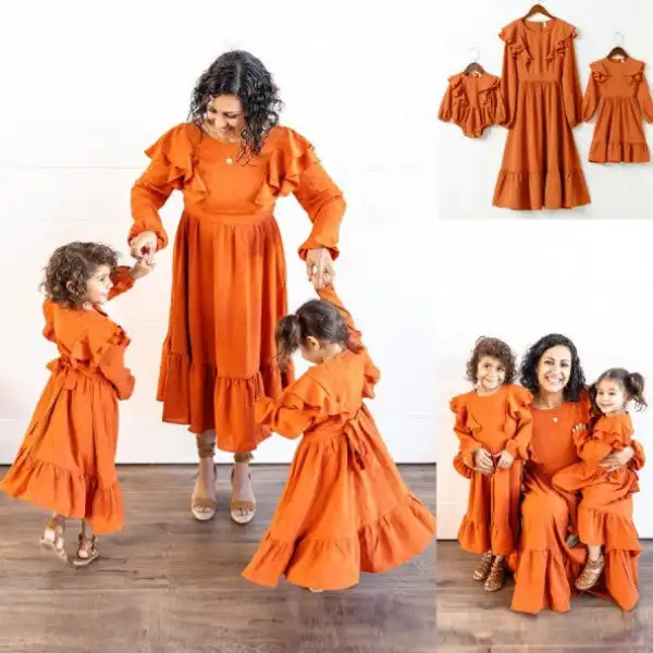 Sweet Brown Ruffled Long Sleeve Mom Girl Matching Dress And Romper Only $45.50 - Lukalula.com 