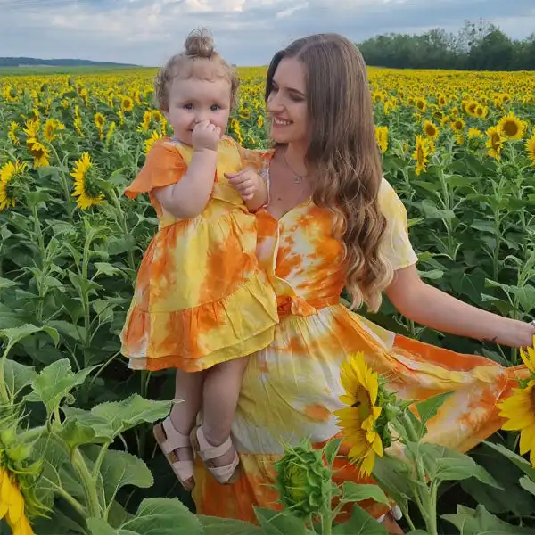 Sweet Orange Tie-Dye V-Neck Short Sleeve Mom Girl Matching Dress Only $46.87 - Lukalula.com 