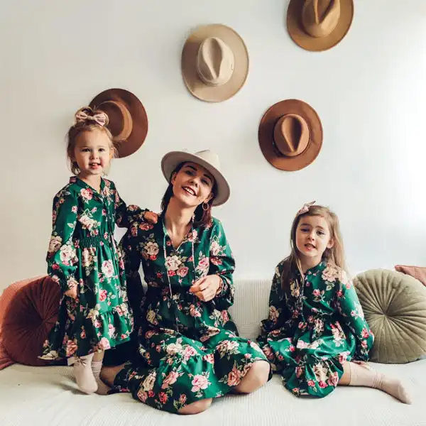 Sweet Green Flowers Long Sleeve Mom Girl Matching Dress Only $38.76 - Lukalula.com 