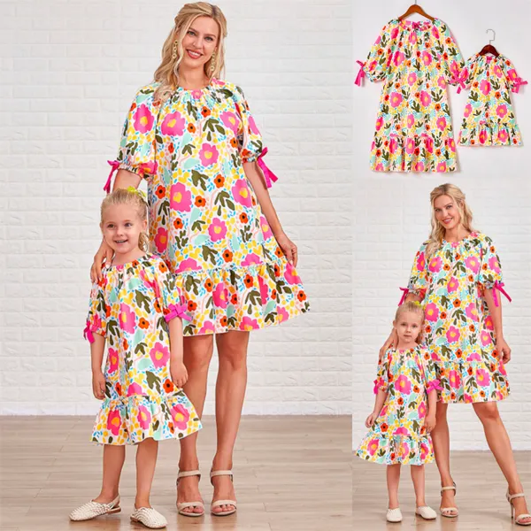 Sweet Flower Short Sleeve Mom Girl Matching Dress Only $38.93 - Lukalula.com 