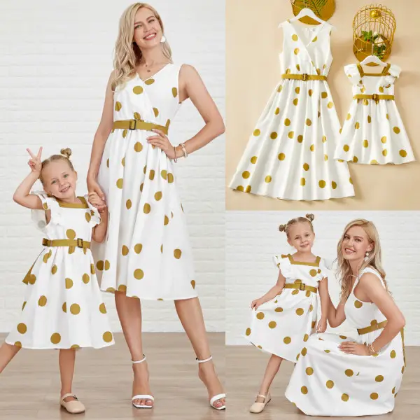 Sweet Khaki Polka Dot Print Mom Girl Matching Dress Only $33.92 - Lukalula.com 