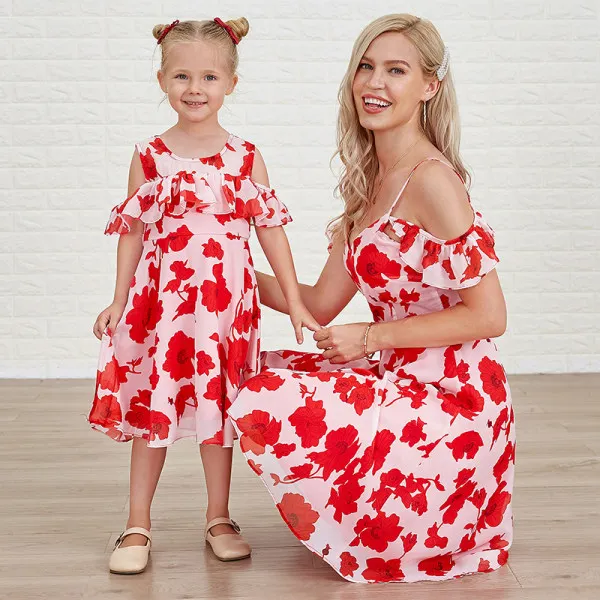 Sweet Red Flower Print Mom Girl Matching Dress Only $26.54 - Lukalula.com 