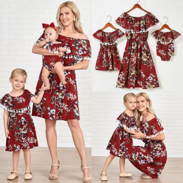 Sweet Red Flower Fringed Leaf Collar Mom Girl Matching Dress Only $16.91 - Lukalula.com 