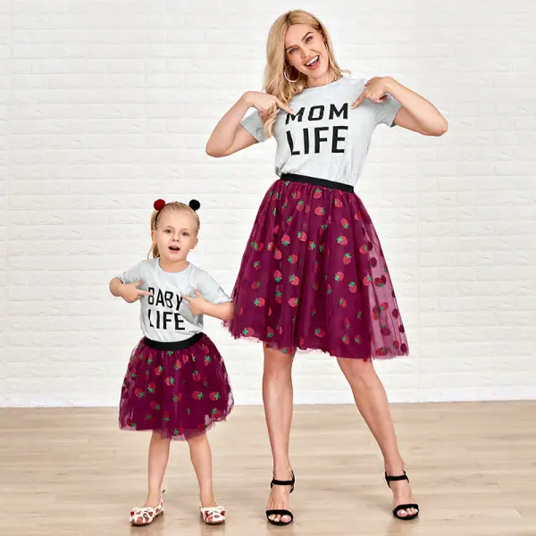 Sweet Letter Print Short Sleeve T-shirt And Mesh Short Skirt Mom Girl Matching Set Only $37.93 - Lukalula.com 