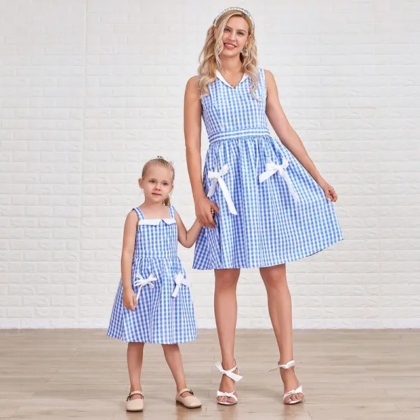 Sweet Blue Plaid Bowknot Mom And Girl Matching Dress Only $20.82 - Lukalula.com 