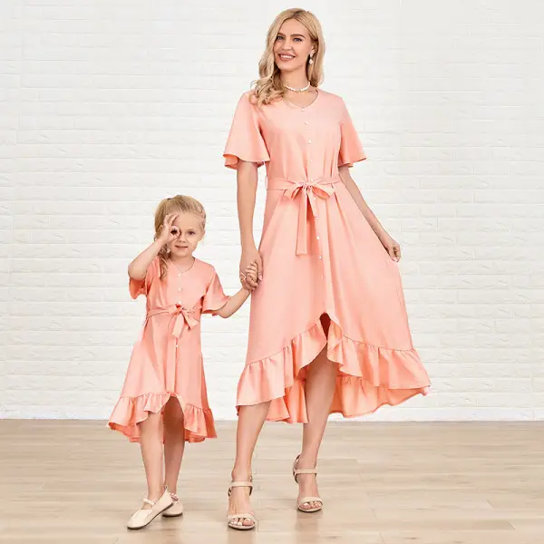 Sweet Pink Short Sleeve Asymmetric Mom Girl Matching Dress Only $23.44 - Lukalula.com 