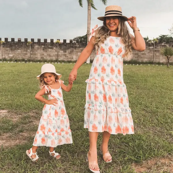 Sweet Orange Plant Print Sling Mom Girl Matching Dress Only $31.48 - Lukalula.com 