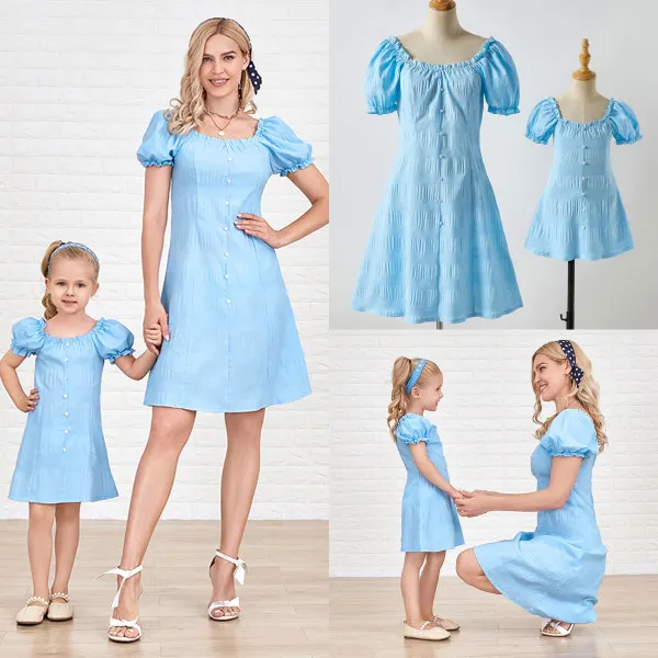 Sweet Square Neck Puff Sleeve Blue Mom Girl Matching Dress Only $26.05 - Lukalula.com 