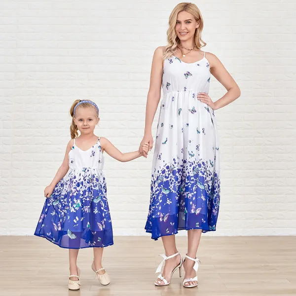 Sweet Blue Butterfly Chiffon V Neck Sling Mom Girl Matching Dress Only $36.42 - Lukalula.com 