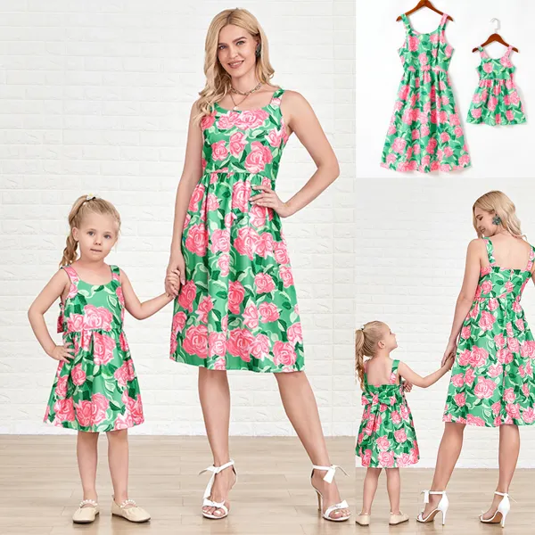 Sweet Green Flower Sling Mom Girl Matching Dress Only $23.90 - Lukalula.com 