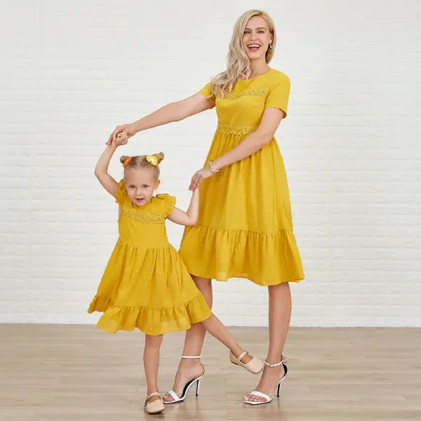 Sweet Yellow Jacquard Lace Short Sleeve Mom Girl Matching Dress - Lukalula.com 