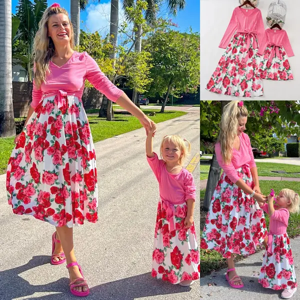 Sweet Pink Flowers Long Sleeve Mom Girl Matching Dress Only $38.10 - Lukalula.com 