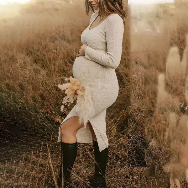 Maternity Long Sleeve Knitted Slit Maxi Dress Only $60.62 - Lukalula.com 