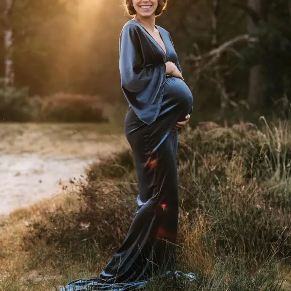 Maternity Deep V-neck Velvet Long Sleeve Photoshoot Dress - Lukalula.com 