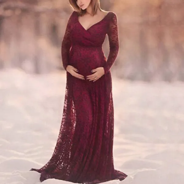 Deep V Neck Long Sleeve Lace Maternity Shooting Dress Dress - Lukalula.com 