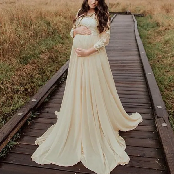Maternity Elegant Lace Stitching Chiffon Photoshoot Dress - Lukalula.com 