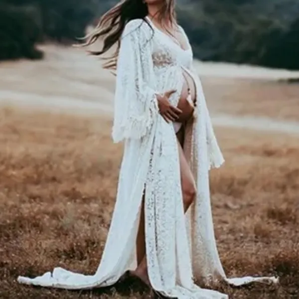 Maternity Sexy High Slit Long Sleeve Photoshoot Dress Only $91.69 - Lukalula.com 