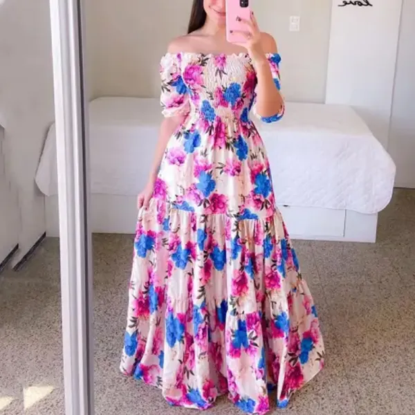 Maternity One-shoulder Floral Off-the-shoulder Long Printed Maxi Dress - Lukalula.com 
