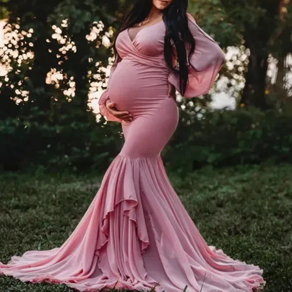 Maternity Elegant V-neck Pink Stitching Ruffled Long-Sleeved Dress Only $54.84 - Lukalula.com 