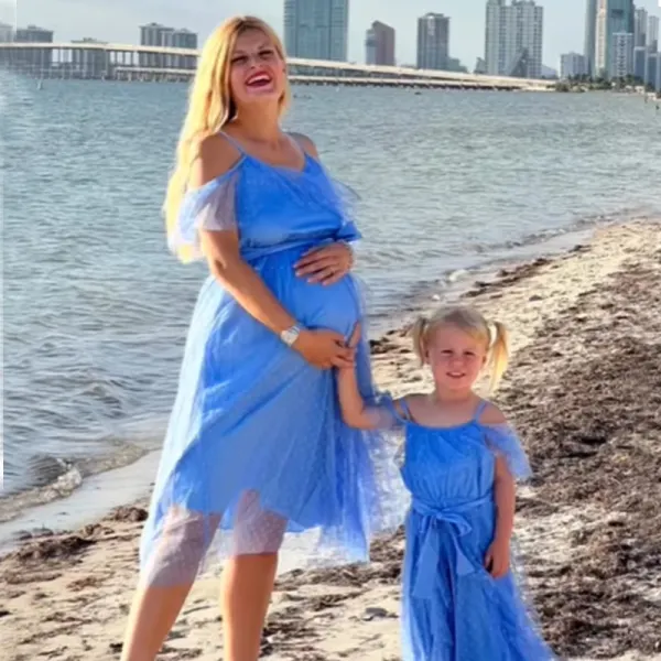 Sweet Blue Polka Dot Mesh Off The Shoulder Mom Girl Matching Dress Only $28.75 - Lukalula.com 