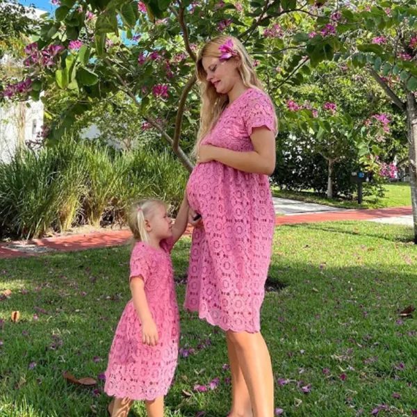 Sweet Pink Lace Short Sleeve Mom Girl Matching Dress Only $43.33 - Lukalula.com 