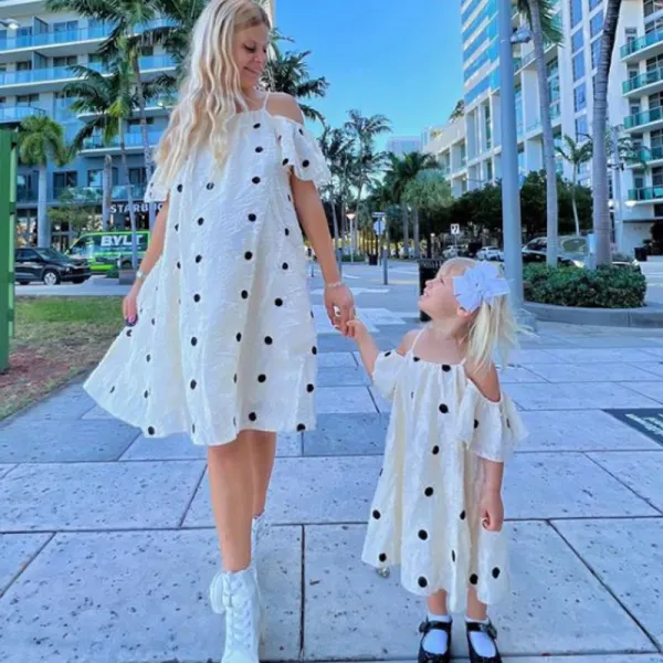 Sweet Polka Dot Off The Shoulder Mom Girl Matching Dress Only $26.24 - Lukalula.com 