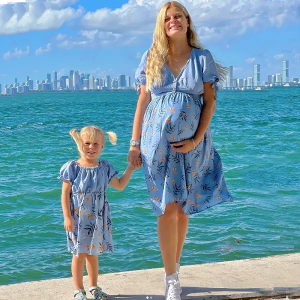 Parent-child Sweet Flower Blue Mom Girl Matching Dress and Romper Only $37.96 - Lukalula.com 