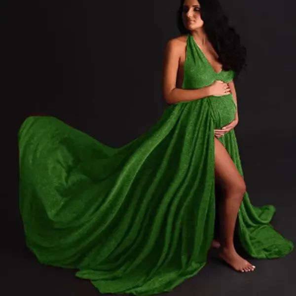 Maternity Sparkly Glitter Deep V-neck Backless Photoshoot Dress - Lukalula.com 