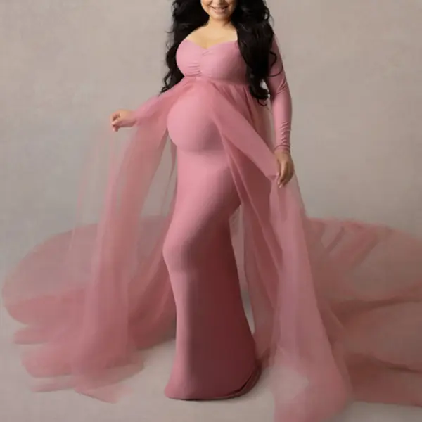 Maternity Off-Shoulder Chiffon High Waist Split Photohsoot Dress - Lukalula.com 