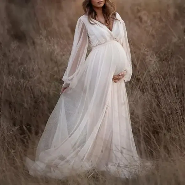 Maternity Deep V-neck Off-white Polka Dot Mesh Maxi Photoshoot Dress - Lukalula.com 