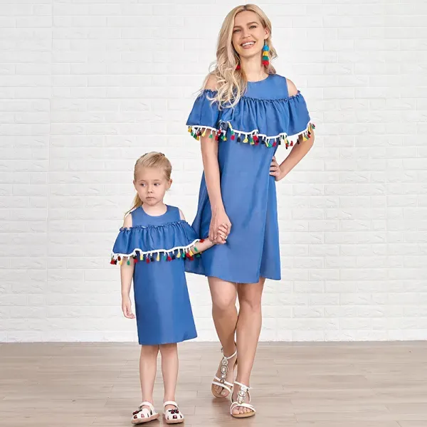 Sweet Denim Color Fringe Ruffle Off Shoulder Mom Girl Matching Dress Only $16.96 - Lukalula.com 