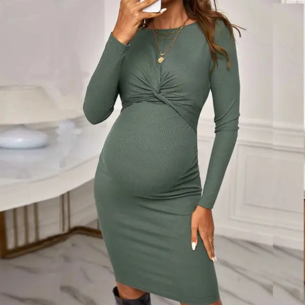 Maternity Solid Color Round Neck Long Sleeve Dress - Lukalula.com 