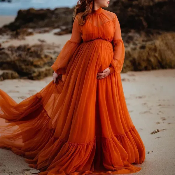 Maternity Orange Mesh Long Sleeve Photoshoot Dress - Lukalula.com 
