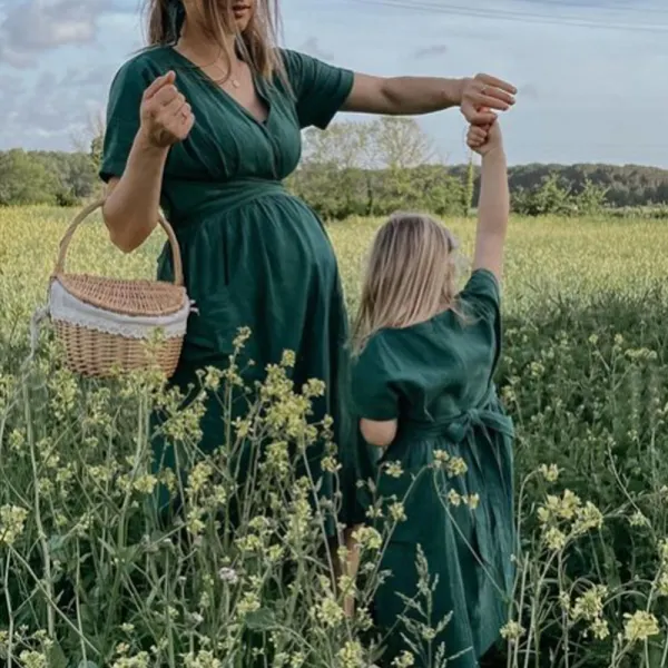 Sweet Green Cotton Blend Short Sleeve Mom Girl Matching Dress Only $41.75 - Lukalula.com 