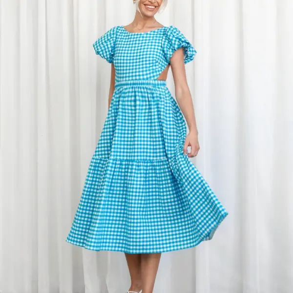 Maternity Checkered Print Open-Back Crossover Strap Midi Dress - Lukalula.com 