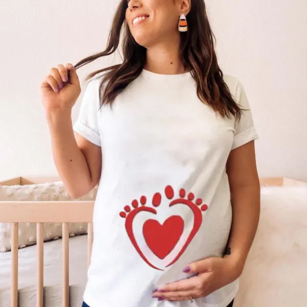 Maternity Cotton Stain Resistant Cute Baby Footprints Print Short Sleeve T-shirt - Lukalula.com 