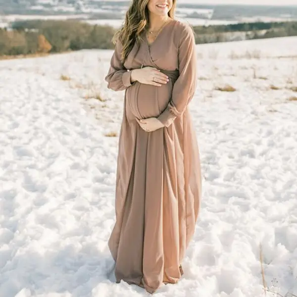 Maternity V-neck Long Sleeve Photoshoot Dress - Lukalula.com 