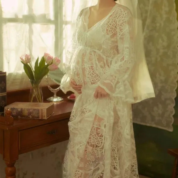 Maternity White Lace V-neck Flared Sleeve Photoshoot Dress (With Lingerie Set) - Lukalula.com 