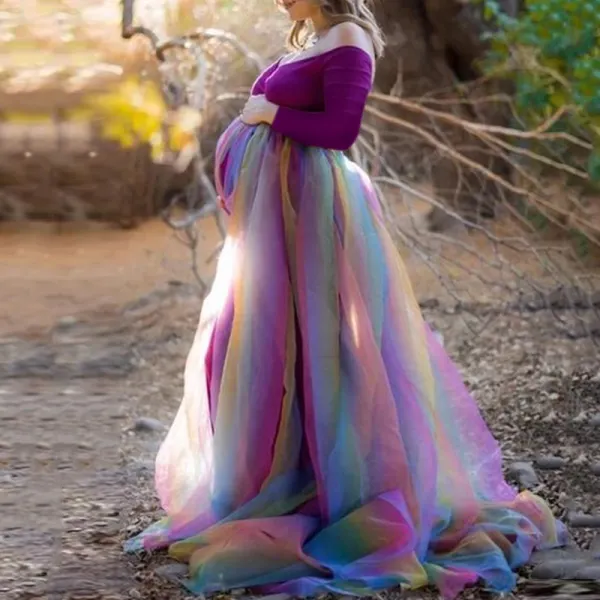 Maternity Fashion Off-shoulder Stitching Rainbow Gauze Dress Only $75.54 - Lukalula.com 