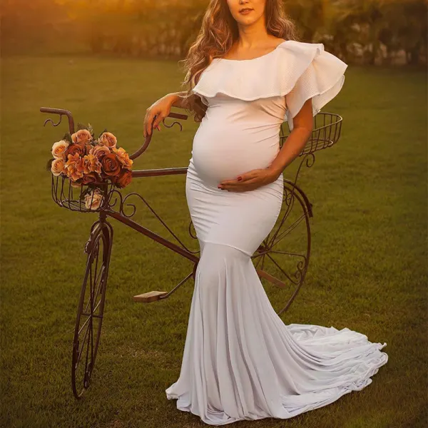 Maternity Elegant Stitching Lace Maxi White Dress - Lukalula.com 